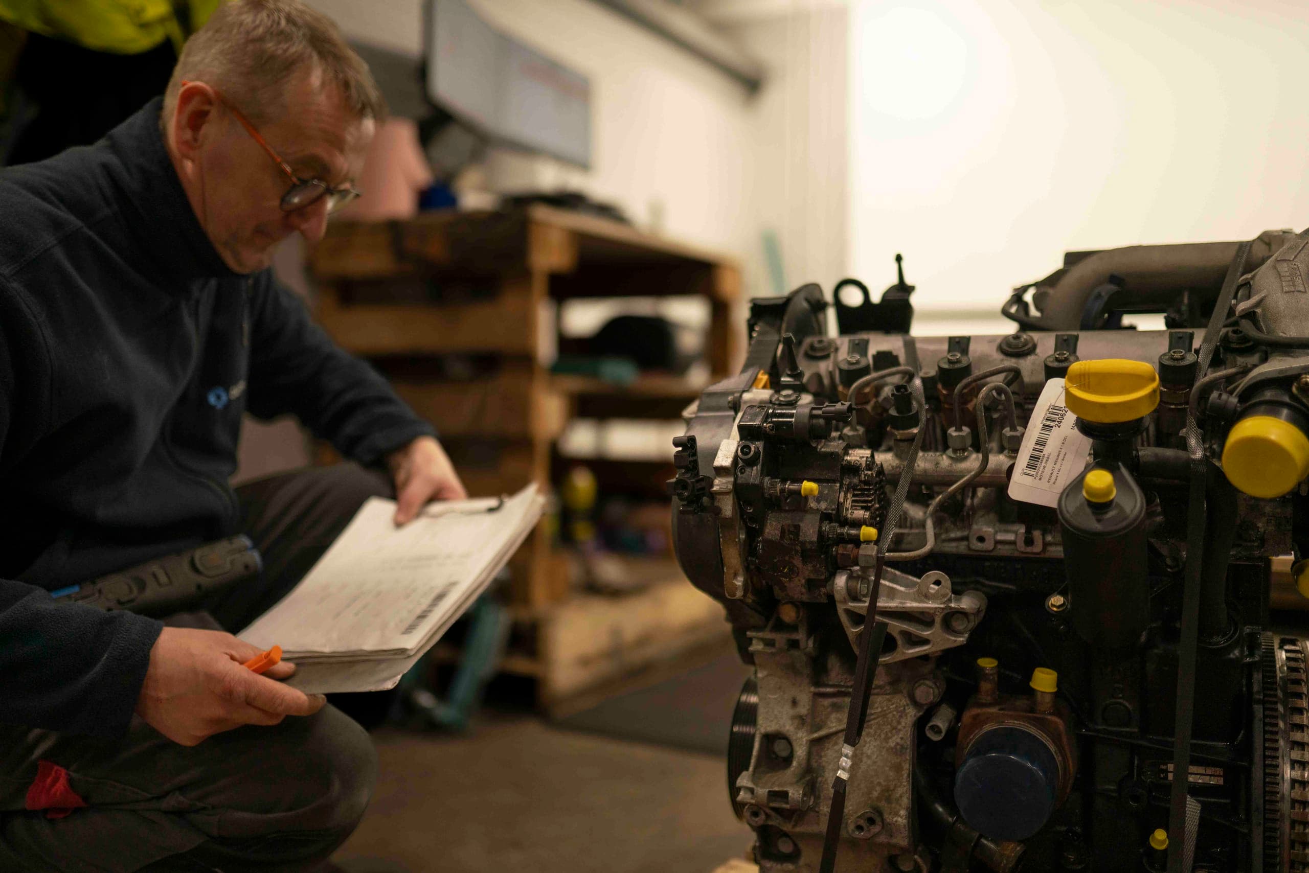 Technicien CAPNOR contrôlant et traçant un moteur d'occasion, dossier en main, à l'atelier de Dunkerque
