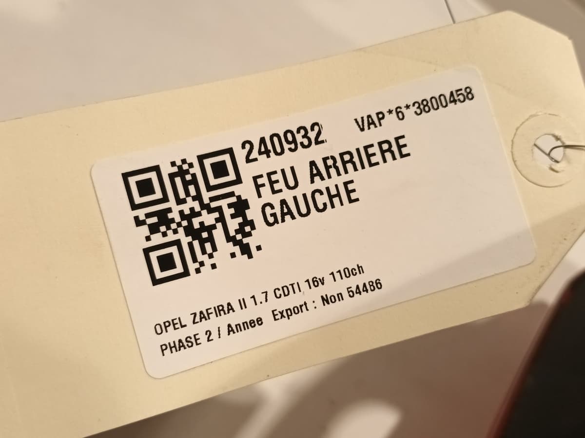 Feu arriere gauche — OPEL — ZAFIRA II — PHASE 2 — OE 95512599 — occasion garantie 2 ans